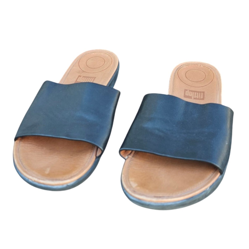 Fitflop EU 37 US 6 Sola Black Leather Slide‎ Sandals Slip On Comfort Walking